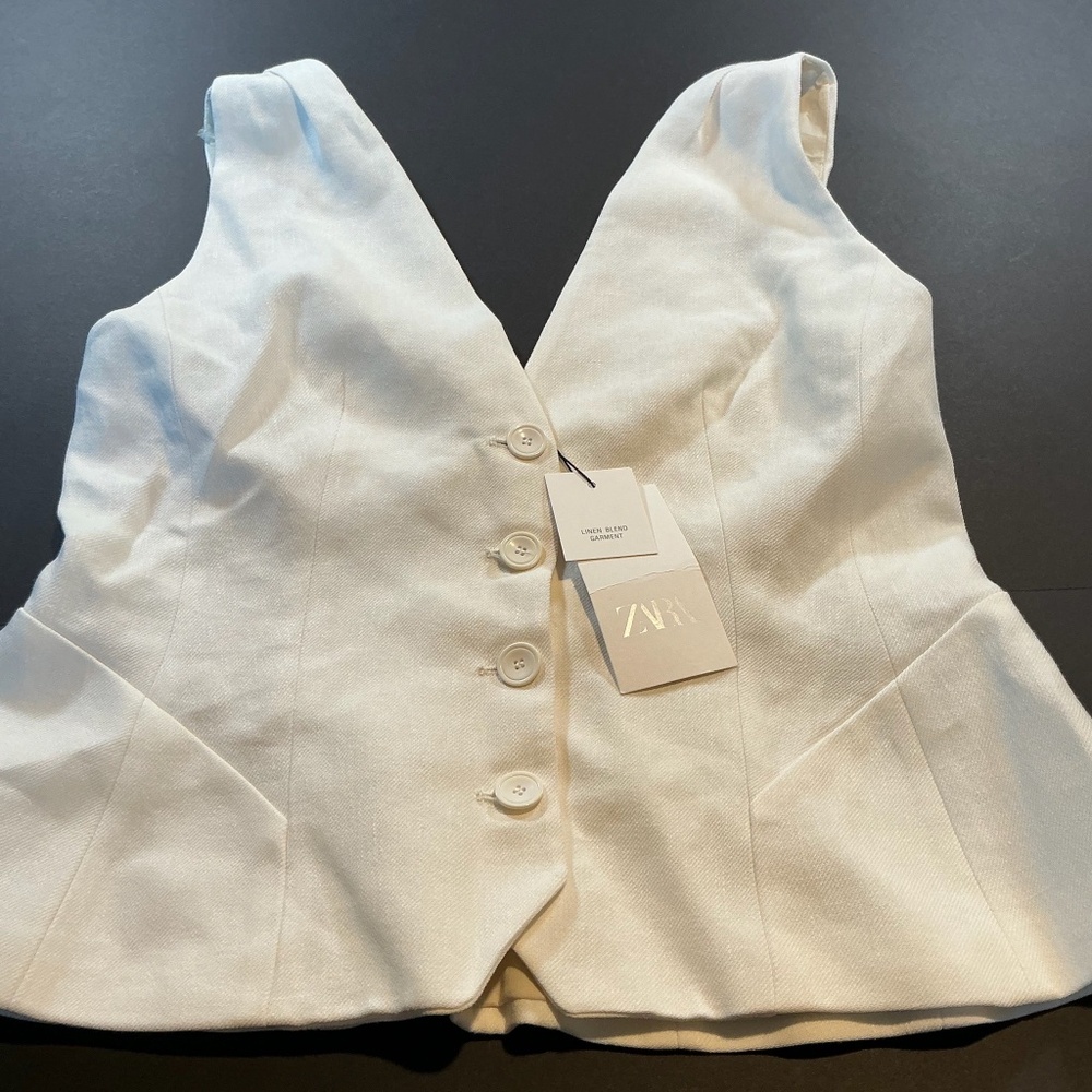 ZARA Linen Ivory Front Button Vest Size XL NWT